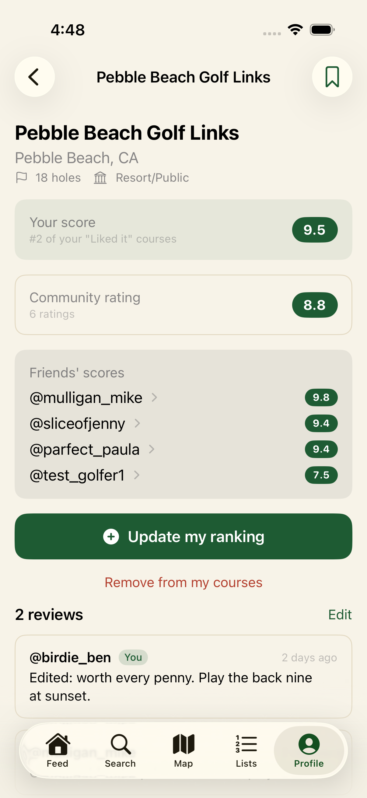 Course page with community rating and friends' scores