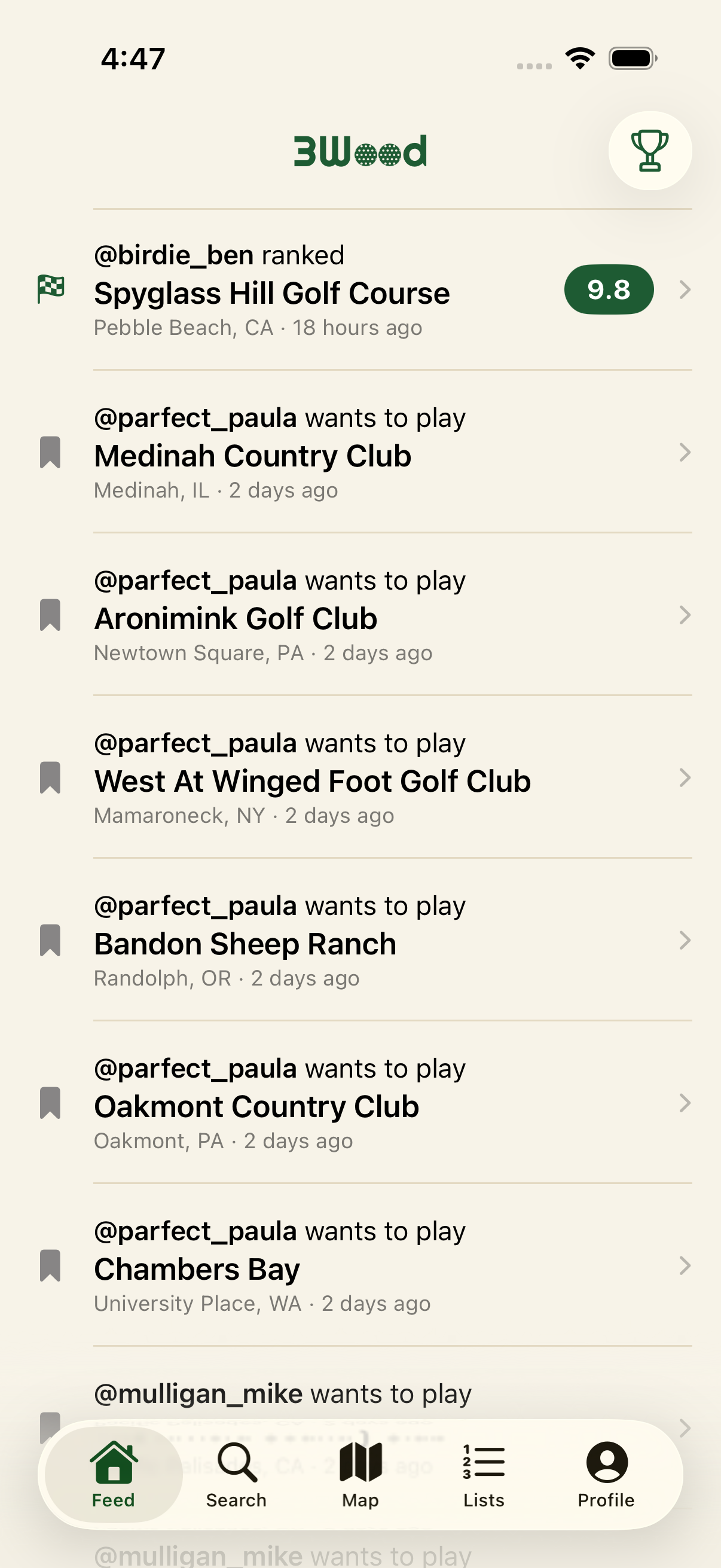 Activity feed of friends' rounds