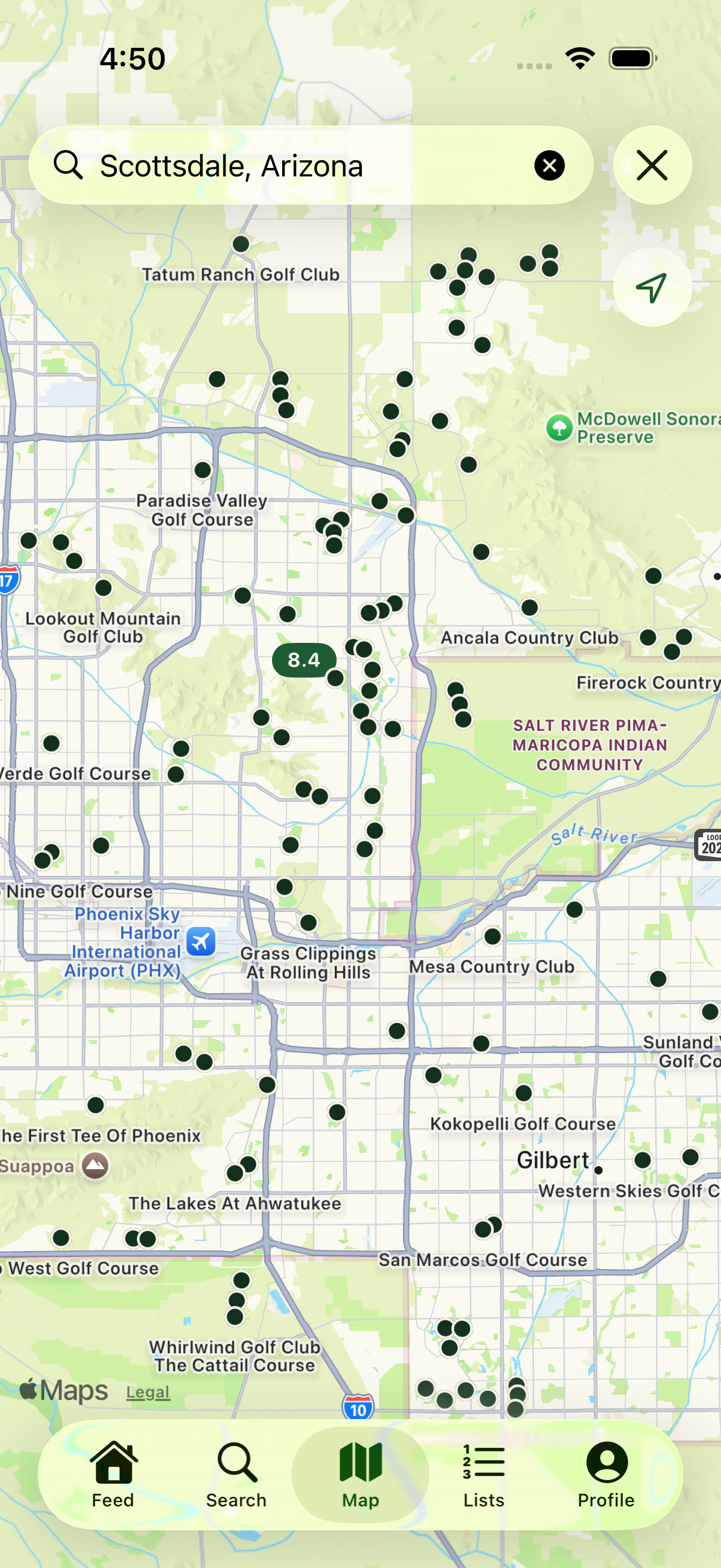 Map of golf courses in Scottsdale, Arizona