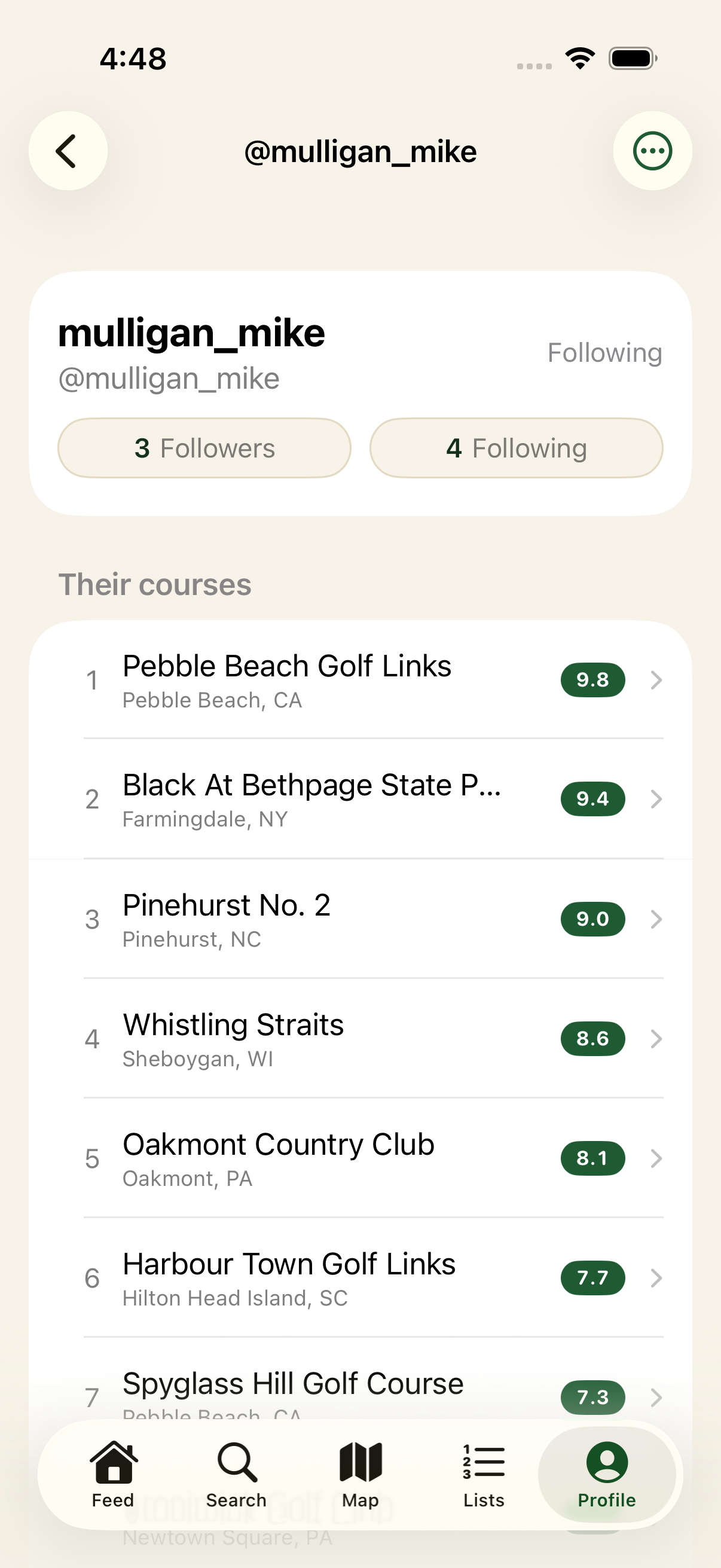 A friend's profile with their ranked courses